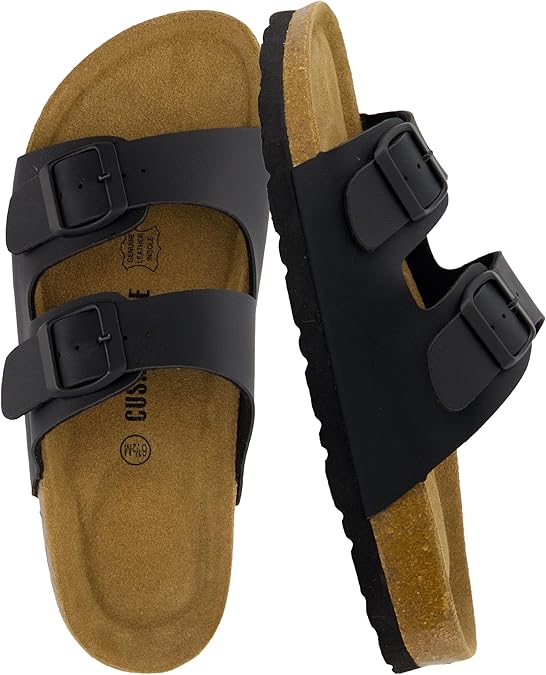 CUSHIONAIRE Lane Cork Footbed Womens Sandals Comfortable Double Buckle Slip On Sandals for Women with Arch Support and Classic Two Strap Design