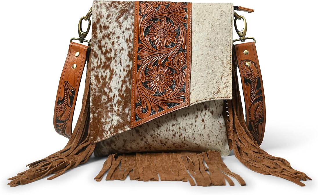 ADYAN Western Brown Hand-Tooled Genuine Leather Cross Body Bag for Women | Handcrafted Floral Tooled Purse With Suede Fringes and Adjustable and Detachable Strap