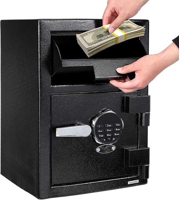 Fireproof Depository Safe with Drop Slot, Electronic Anti-Theft Drop Safe for Business with Programmable Numeric Keypad Lock and Spare Keys, Cash Drop Safe Box for Office Home Retail Store
