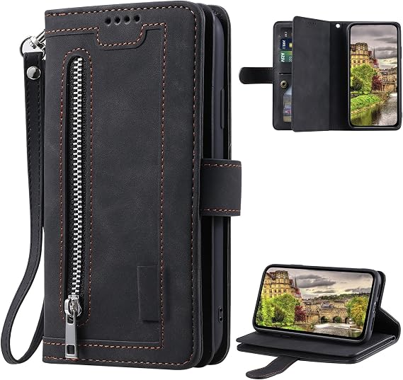 XYX Wallet Case for Oppo A78 5G, Multi-Function Flip Folio 9 Card Slots Phone Case with Zipped Pocket Wrist Strap for Oppo A78 5G, Black