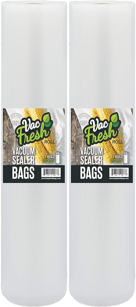Vac Fresh Vacuum Sealer Roll Bags, 15 inches x 50 feet, 3.5mil Embossed, Vacuum Seal Bags, Food Storage Bags, Meal Prep, Marinating, Sous Vide, Vacuum Sealing Storage Bags, 2 Rolls, 100 Feet Total