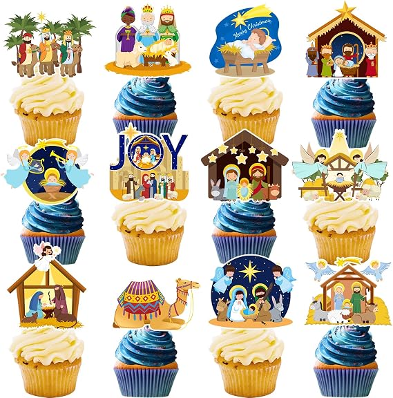 24 PCS Nativity Cupcake Toppers, Christmas Religious Nativity Party Decorations Happy Birthday Jesus Nativity Cake Toppers Cake Decorations for Winter Holiday Party Religious Education Supplies