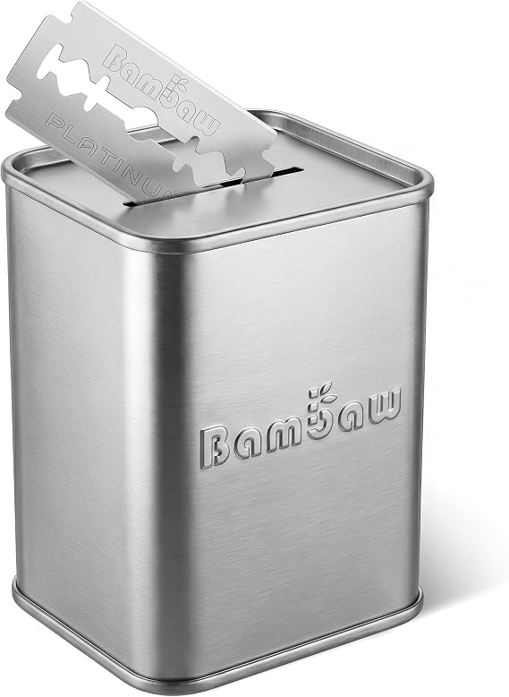 Bambaw バンボー 安全カミソリ刃処分用ブレードバンク 安全保管用密閉容器 一方向スロット 大容量&コンパクト スズメッキスチール製 シルバー