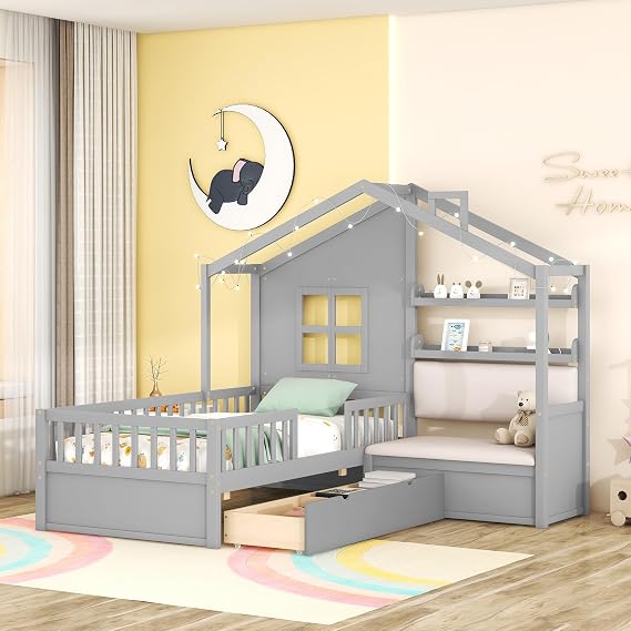 Flieks Twin Size House Bed Frame for Boys Girls Kids Adults Toddler with Sofa, Kids Platform Bed with Two Drawers and Storage Shelf, Gray