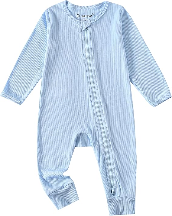 Jimonda Baby Jumpsuit,Ribbed Long Sleeve Romper,Girls Boys Footless Pajamas,Gender Neutral Clothes,2-Way Zip Sleepers Azure