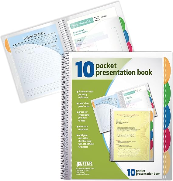 Better Office Products 10 Pocket Poly Presentation Folder with tabs 2 Count