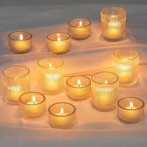 Glasseam Clear Glass Votive Candle Holders: Small Tea Light Candle Holders in Bulk, Ribbed Vintage Candle Holder Set of 24, Decorative Tealight Holders for Wedding Centerpieces Party Decorations | Small Tea Light, Set, Fluted Thick Glass, Decorative, Wedding Table Centerpieces, Christmas Decorations, Party, Thanksgiving