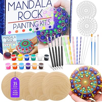 Mandala Rock Painting Arts and Craft Kit for Adults Women - 35 PCS Mandala Dotting Tools Kit - Large Wooden Rocks with Stencils, Acrylic Paints,Dotting Tools - DIY Relaxing and Creative Activity