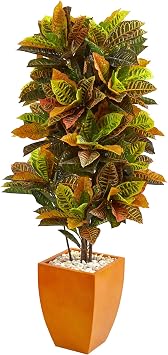 Nearly Natural 5.5ft. Croton Artificial Plant in Orange Planter (Real Touch)