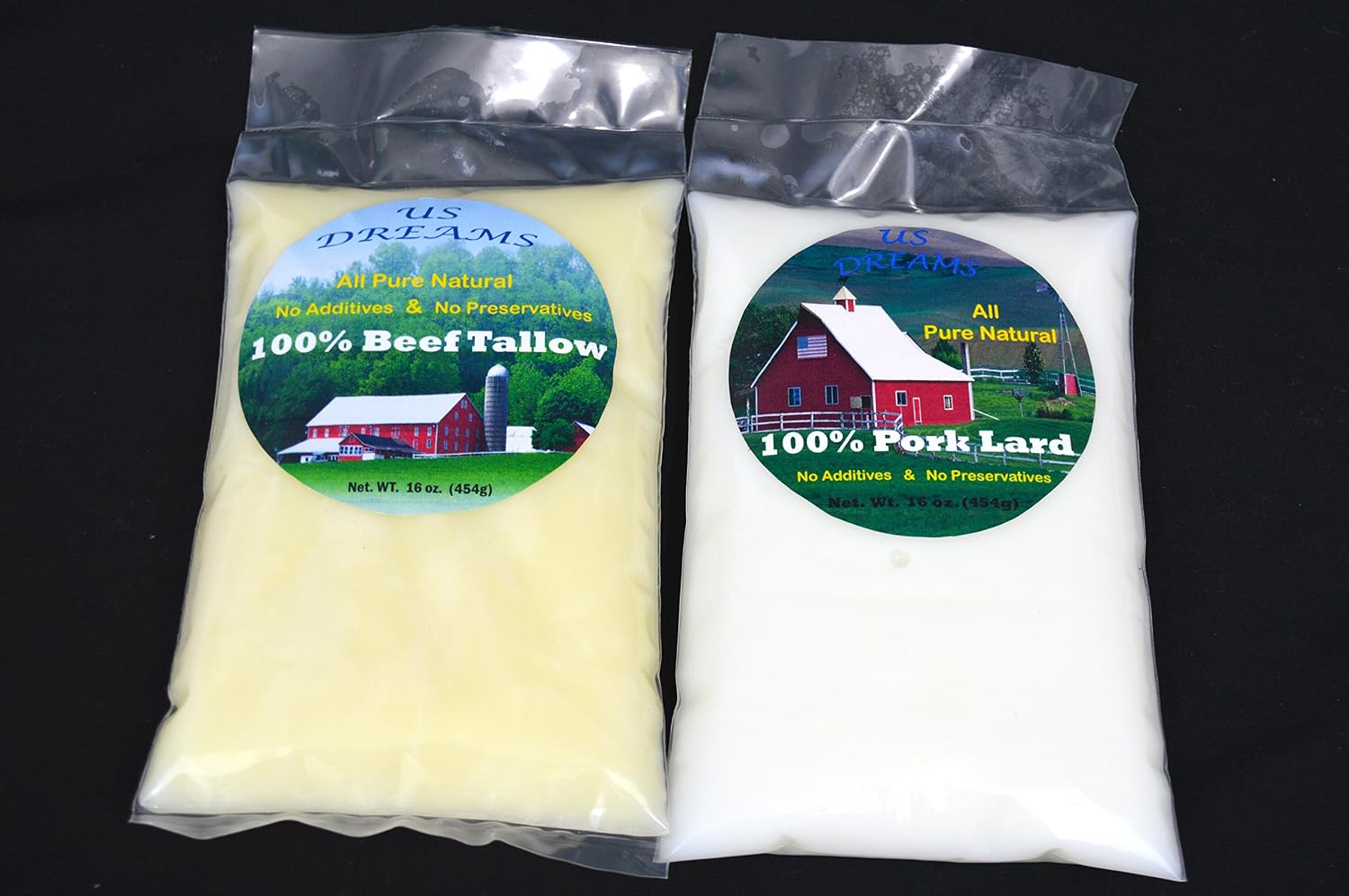 100% Grass Fed Beef Tallow and Pork Lard combination of 2 lb. 32 oz. two pounds, one pound in each bag in 2 bags