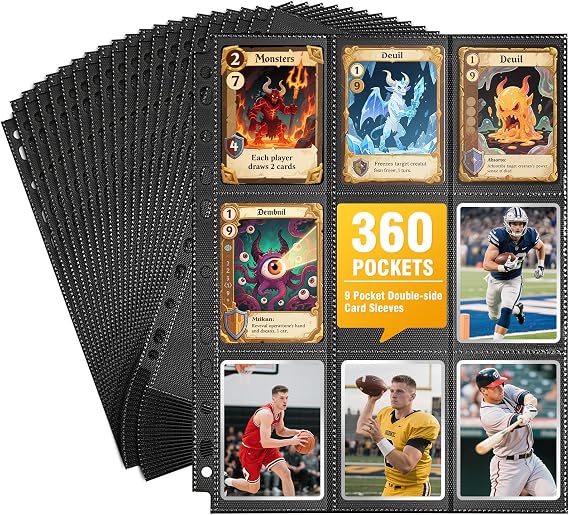 20 Pack 360 Pockets Black Trading Card Sleeves Binder Sheets, Double Sided Thicken Game Card Sleeves for 3 Ring Binder, 9 Pocket Side Loading Page Protector for MTG, Yugioh, Game, Baseball Cards