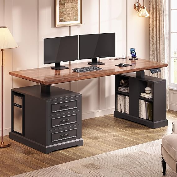 SEDETA 63" Farmhouse Electric Standing Desk with 3 Drawers, Storage Shelves