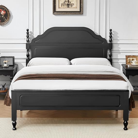 BedsPick Black Retro Style Wood Queen Bed Frame with 12 Wood Slats Support