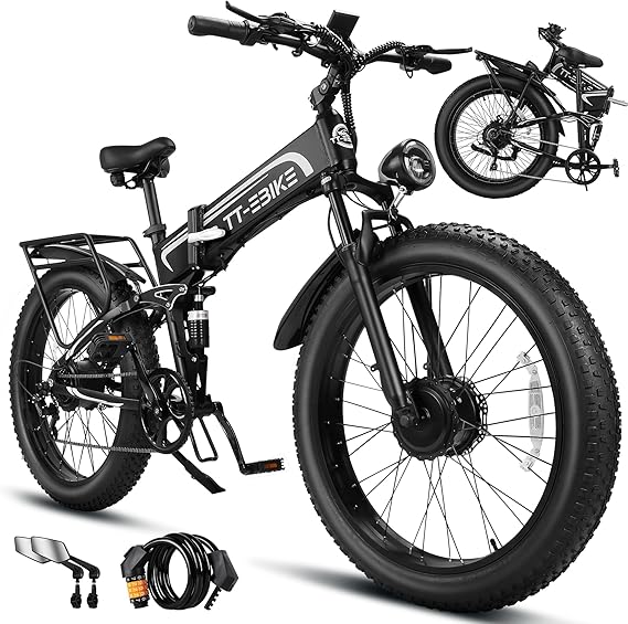 9000W/10150W Dual Motor Electric Bike for Adults, 42MPH 60V 30A Battery, 26"x4" Fat Tire Folding All Terrain Ebike, Full Suspension Electric Bicycle with Shimano 7-Speed Gear (9000W60V30A 42MPH)