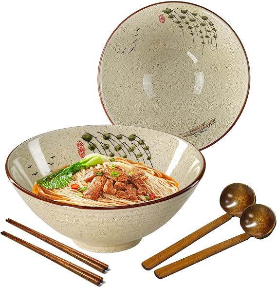 Ceramic Ramen Bowl Sets with Spoons and Chopsticks, 2 Sets 1200ml