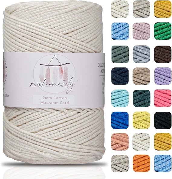 Makromecity Recycled Cotton Cord for Macrame - 2mm x 640ft, 2mm, for Macrame, Art and Craft, Wall Hangings, Bags, Placemats, Rugs (25 Colors Available) (Off-White)