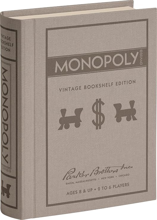 WS Game Company Monopoly Vintage Bookshelf Edition Board Game Premium Fabric-Wrapped Book Storage Box with Retro Graphics, Wooden Houses, Strategy Board Games for Kids, Adults & Family, Ages 8+ | Classic Family Strategy Board Game, Linen-Wrapped Book Box, Integrated Storage, Retro Design, Adults and Kids Ages 8 and Up