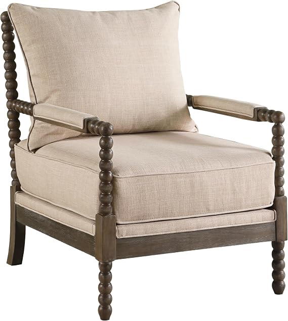 Coaster Home Furnishings - Blanchett - Wood and Fabric - Accent Chair with Bobbin Design, Padded Arms, and Thick Cushion - Living Room - Beige and Distressed Brown - 905362