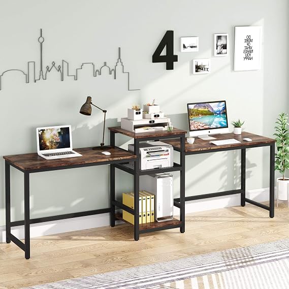 Tribesigns 96.9" Double Computer Desk with Printer Shelf, Extra Long Two Person Desk Workstation with Storage Shelves, Large Office Desk Study Writing Table for Home Office, Dark Brown