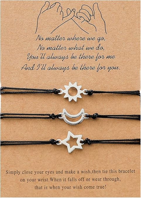 3 PCS Friendship Bracelets for 3 Best Friend Couples with Moon Sun Star Adjustable Handmade Cord Relationship Bracelets