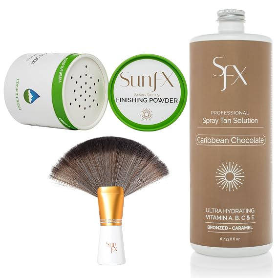 SunFX Tanning Kit Violet Royal Spray Tan Solution, Finishing Powder & Fan Brush for Flawless, Streak-Free Tanning