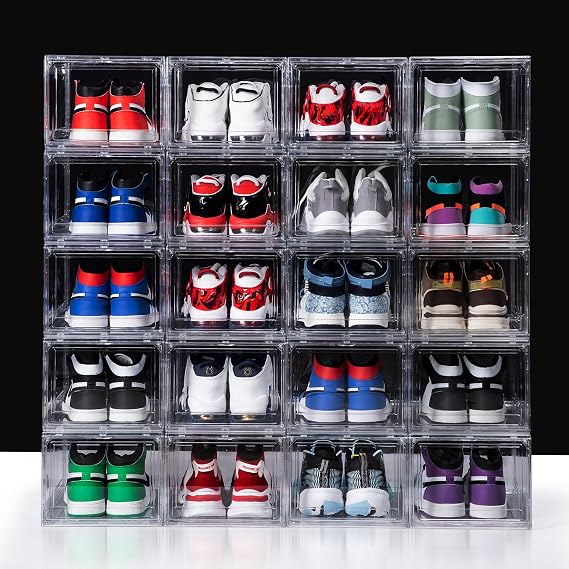 12 Pack Acrylic Shoe Boxes, Ultra Clear Shoe Boxes Stackable, Shoe Storage Box Sneaker Storage for Sneakerhead, Foldable Shoe Organizer with Magnetic Door, Professional Shoe Display Fits US Size 15
