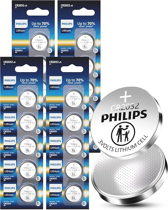 PHILIPS 3V Lithium CR2032 Coin Cell Batteries 20 Count, Long-Lasting Power with 10 Year Storage, Leak-Proof & Child-Safe Packaging for Car Key Fobs, Smart Locks and Household Electronics
