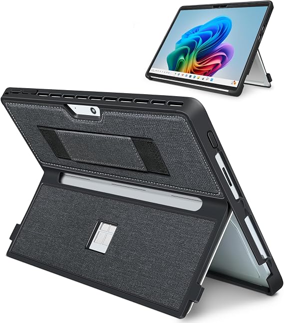 Case for 13 Inch Microsoft Surface Pro 11/10/9/8, with Stent Cover and Hand Strap, All-in-one Shockproof Folio Rugged Case Compatible with Type Cover Keyboard, TPU/PU Material(Black)