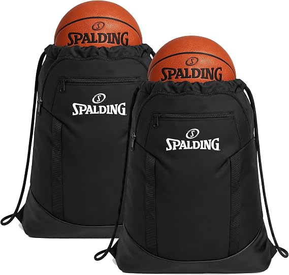 Spalding Drawstring Backpack Sports Bag | Black Waterproof Gym Bag | Cinch Sack with Separate Shoe and Ball Holder| for Travel, Basketball, Sports, 2 Pack