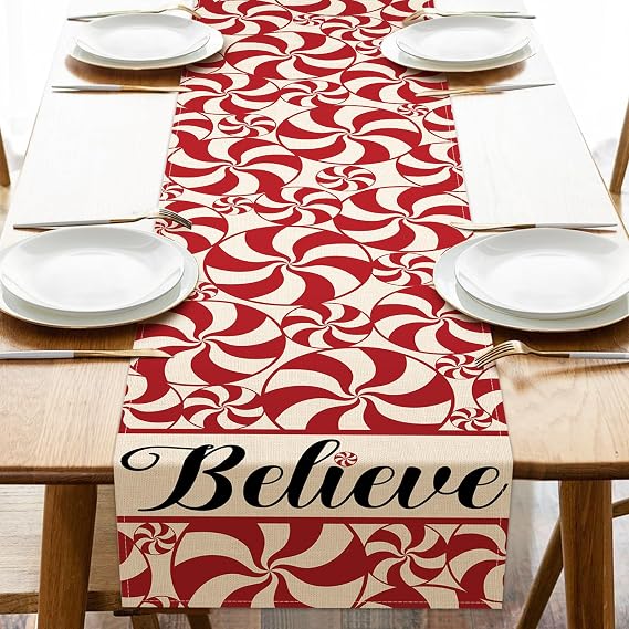 Christmas Peppermint Candy Table Runner, Red Xmas Believe Kitchen