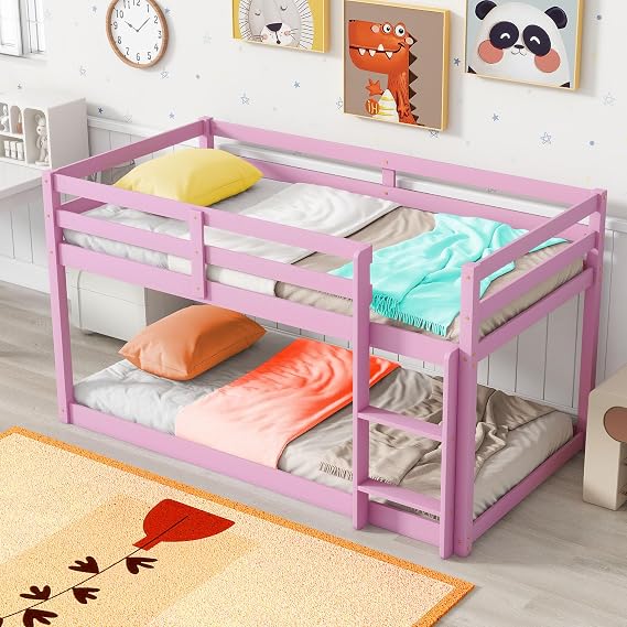 Anwick Twin Over Twin Low Bunk Bed with Stairs and Rails (Pink, Bunk)