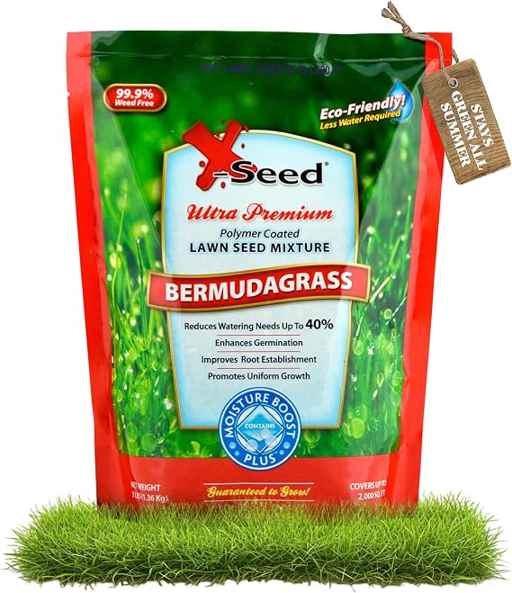 X-Seed Moisture Boost Plus Bermuda Grass Seed for Lawn, Grows Thick in Full Sunlight, Drought & Heat Tolerant, Uses Less Water Than Other Grasses, Enhance Germination, Root Estbalishment - 3 lbs