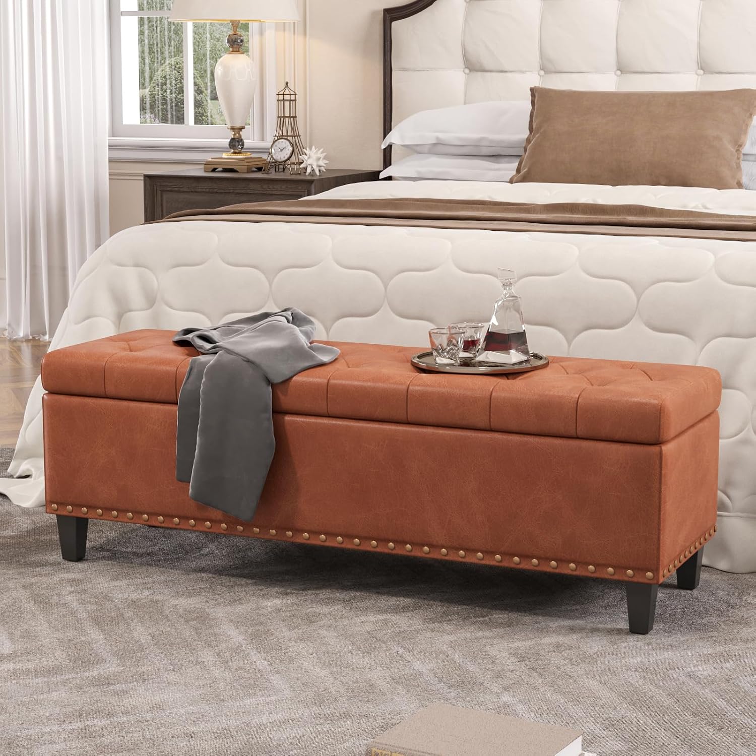 51-Inch Storage Ottoman Bench - 30 Gallons King Ottoman, Modern Faux Leather Rectangle, Tufted Upholstered for Bedroom, Living Room, Office - Brown