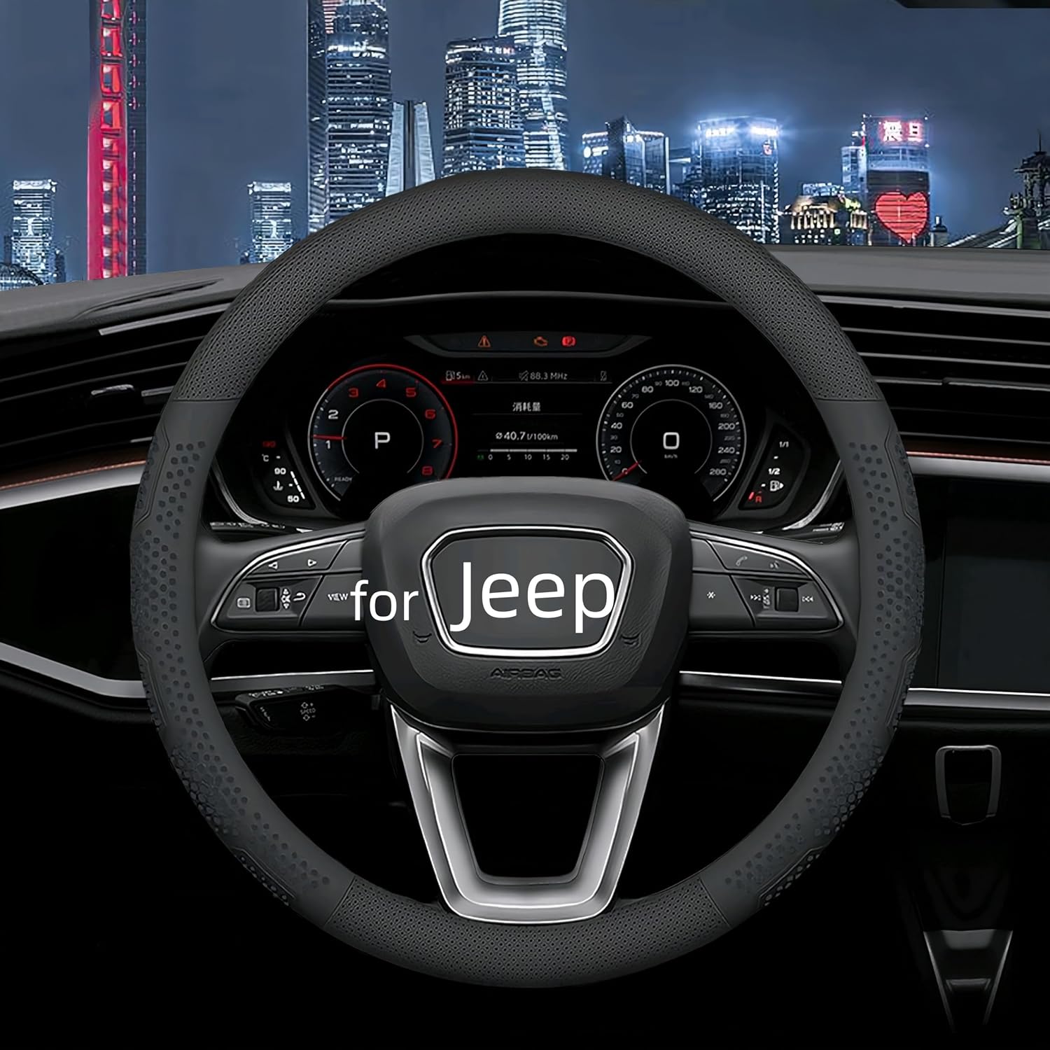Leather Steering Wheel Cover for Jeep Wrangler Grand Cherokee Compass, 14.5-15 inches Car Steering Wheel Cover with Non-Slip Breathable Black