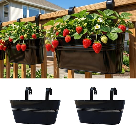 LaLaGreen Railing Planter Outdoor Plants (11.2 Inch, 2 Pack) Black Metal Iron Hanging Flower Pots Deck Rail Fence Hanging Bucket Modern Countryside Style Window Box Plant Holder with Hooks Porch Decor