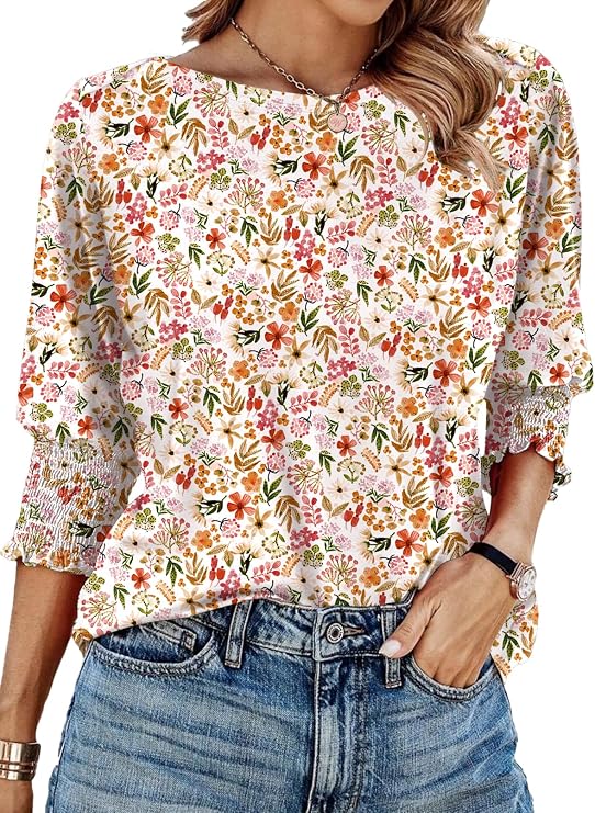 IECCP 3/4 Length Sleeve Womens Tops Summer 2026 Fashion Trendy Boat Crew Neck Smocked Work Dressy Casual T Shirt Blouses