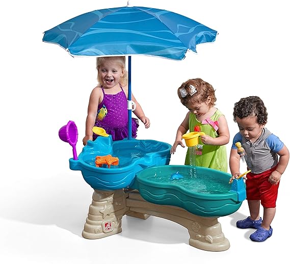 Step2 Spill & Splash Seaway Water Table for Kids, Two-Tier Outdoor Kids Water Sensory Table with Umbrella, Ages 1.5+ Years Old, 11 Piece Water Toy Accessories