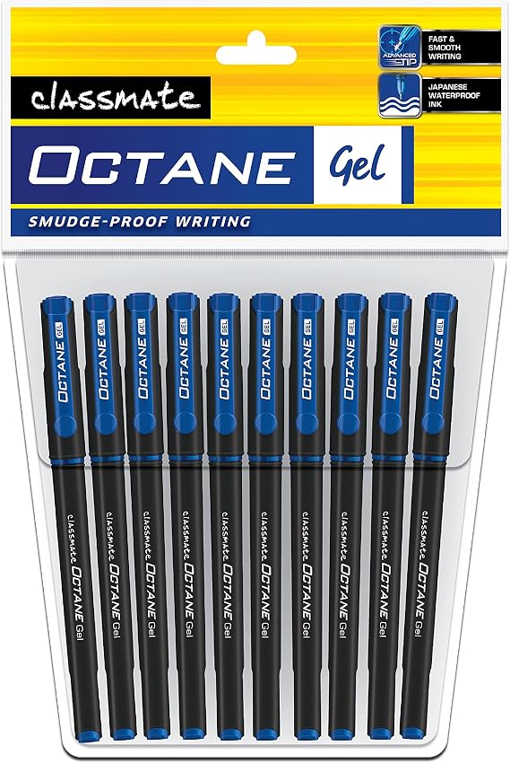 Classmate Octane- Blue Gel Pens (Pack of 10)|Smooth Writing Pens|Water-proof ink for smudge-free writing|Preferred by Students for Exam & Class notes|Study at home essentials