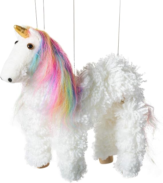 Artisan Owl Rainbow Mane Magical Unicorn Marionette Puppet - Wooden Feet and Detachable Strings (White)