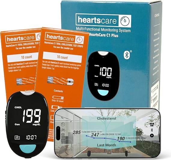HeartsCare Total Cholesterol Testing kit - 20 Strips and 1 Meter with 3D Bluetooth HeartsHome app - Diet and Fitness Tracking