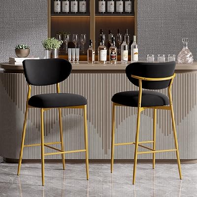 Bar Height Bar Stools Set of 2, Velvet Ergonomic Modern Counter Stool with Back, 30 inch Seat Height Comfy Bar Chairs with Powder Sprayed Golden Metal Legs, Black