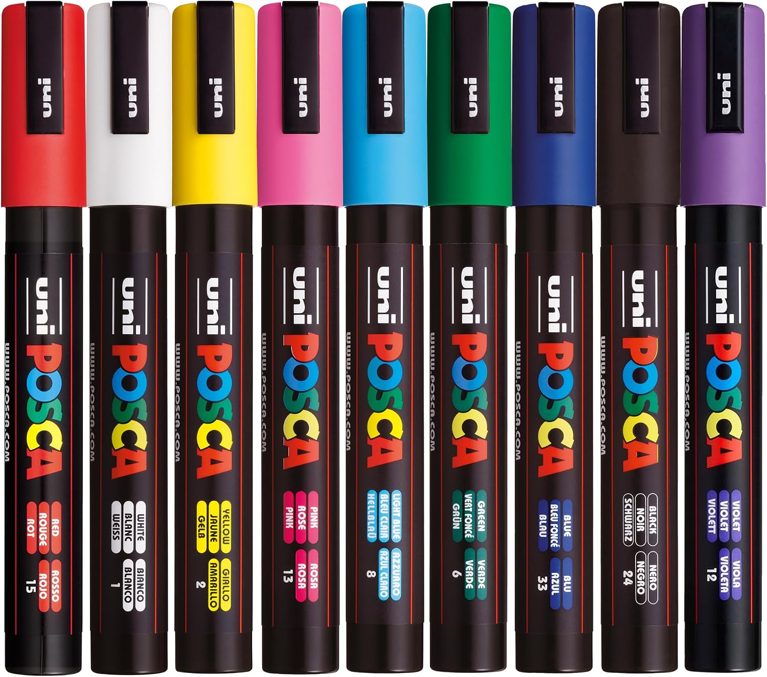 Posca - Standard PC-5M Acrylic Paint Pens 9pc, Multi Surface Markers for Windows, Glass, Graffiti, Fabric, Rock Painting, Canvas, Wood, Metal, Fabric, Colouring, Arts & Crafts, with 4 Stickers
