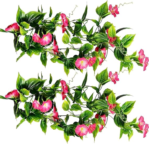 Artificial Morning Glory Flower Vines, Fake Hanging Plants Green Vine Silk Garland Flowers Faux Greenery Plastic Plant for Indoor Outdoor Garden Wall Fence Stairway Wedding Home Decor Pink 2 Pack