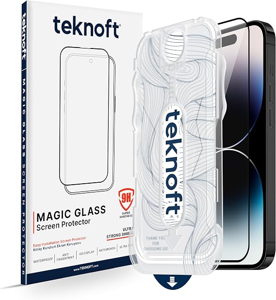 Teknoft iPhone 14 Pro için Kolay Kurulum Kitli Takılırken Camın Altında Kesinlikle Toz Bırakmayan Ekstra Güçlendirilmiş Tam Koruma Sağlayan Pürüzsüz Lazer Kesim Premium Ekran Koruyucu Kırılmaz Cam
