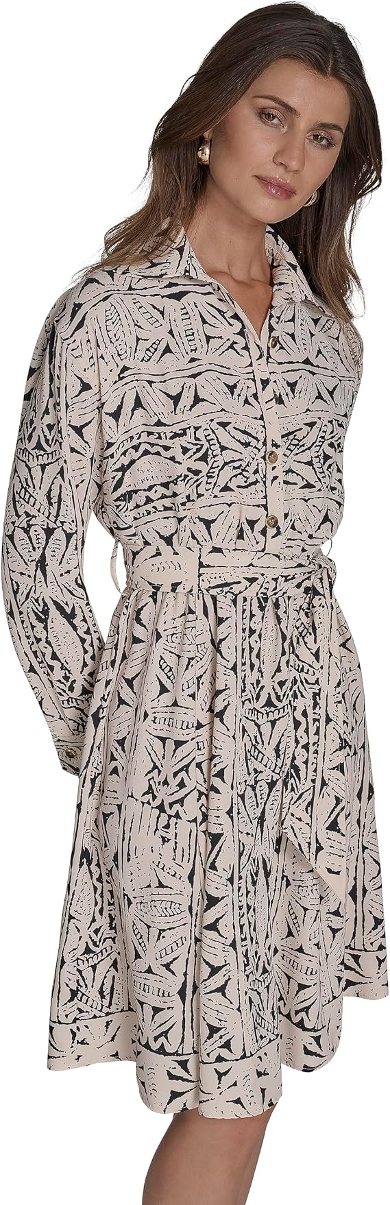 Halston Women's Long Sleeve Collared V-Neck Knee Length Shirt Dress