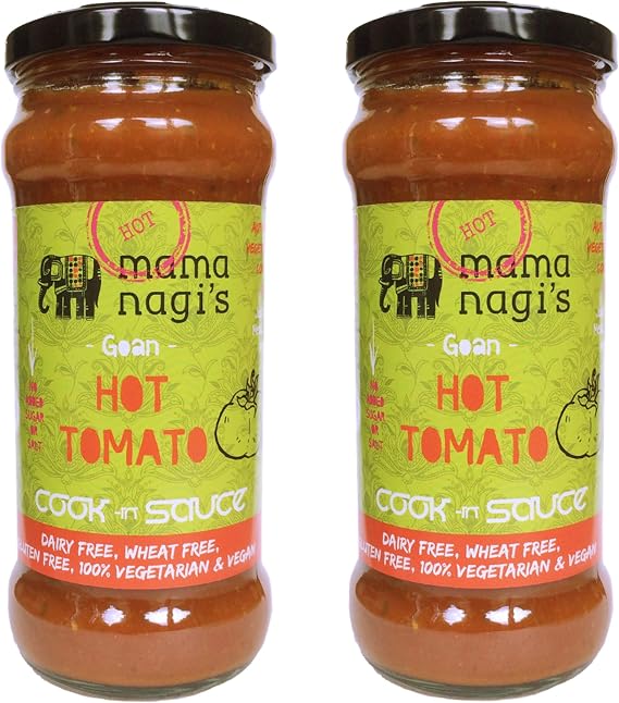 Mama Nagi's Hot Tomato Curry Sauce - Low Calorie Ready to Use Indian Cooking Sauce for Goa Style Dishes - 100% Natural - Sugar Free, Gluten Free, Vegan - Stir in and Ready to Use - 2 x 350g Jars