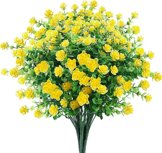 GREENRAIN Artificial Flowers Outdoor Fake Flowers for Decoration UV Resistant No Fade Faux Plastic Plants Garden Porch Window Box Decor (6 Bundles, 2#Yellow)