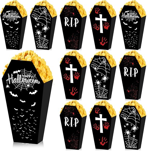 16 Pcs Halloween Coffin Popcorn Boxes 7.1 x 3.8 Inch Funeral Coffin Decor Paper Popcorn Bags Snack Gift Boxes Candy Treat Containers for Biscuits Halloween Gothic Party Favors Decorations, 4 Styles