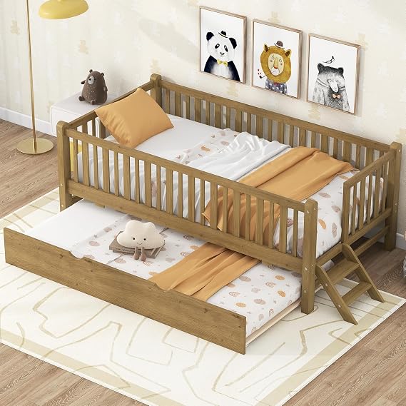 GDFStudio Twin Size Platform Bed Frame with Guardrail and Trundle, Solid Pine Wood Low Profile Bed Frame, No Box Spring Needed, Modern Space-Saving Bedroom Furniture, Walnut Brown