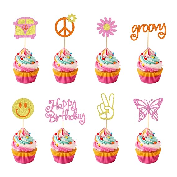 24Pcs Hippie Party Happy Birthday Cupcake Toppers Glitter 60s Retro Boho Dasiy Flower Sun Peace Sign Hand Two Groovy Cupcake Picks for Hippie Retro Theme Birthday Party Cake Decorations